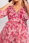 AROOP SHOP INDIA_Pink Recycled Chiffon Printed Floral V Neck Michelle Pleated Dress _Online_at_Aza_Fashions