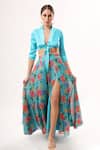 Buy_Nitya Bajaj_Blue Net Floral Print Skirt And Top Set_at_Aza_Fashions