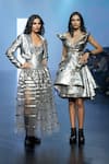Buy_Saisha Shinde_Grey Tulle Sheer Neckline Flared Dress_Online_at_Aza_Fashions