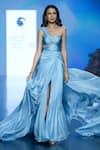 Shop_Saisha Shinde_Blue Silk One Shoulder Ruched Gown_Online_at_Aza_Fashions
