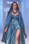 Nirmooha_Blue Lurex Printed Abstract Sweetheart Neck Draped Gown _Online_at_Aza_Fashions