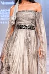 Nirmooha_Off White Lurex And Embroidery Abstract One Shoulder Cape Sleeve Gown _Online_at_Aza_Fashions