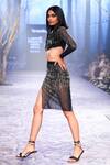 Nirmooha_Black Net Embroidery Sequins High Neck Crop Top _Online_at_Aza_Fashions