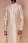 Tisa - Men_Beige Cotton Blend Silk Embroidered Thread Mandarin Collar Kurta Set  _Online_at_Aza_Fashions