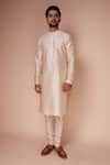 Buy_Tisa - Men_Beige Cotton Blend Silk Embroidered Thread Mandarin Collar Kurta Set  _Online_at_Aza_Fashions