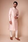 Tisa - Men_Pink Sherwani Raw Silk Embroidered Pearl And Sequin Work Set _Online_at_Aza_Fashions