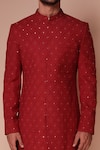 Tisa - Men_Red Sherwani Organic Cotton Embroidered Thread And Sequin Aspen Set _Online_at_Aza_Fashions