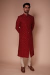 Shop_Tisa - Men_Red Sherwani Organic Cotton Embroidered Thread And Sequin Aspen Set _Online_at_Aza_Fashions