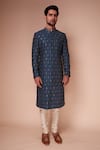 Shop_Tisa - Men_Blue Sherwani: Raw Silk Embroidered Thread And Sequin Water Lily Set For Men_Online_at_Aza_Fashions