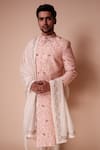Shop_Tisa - Men_Pink Sherwani: Raw Silk Embroidered Thread Iris Flower Pattern Set For Men_Online_at_Aza_Fashions