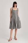 Indigo Dreams_Black Handwoven Jamdani (100% Cotton) Checkered Lavinia Dress  _Online_at_Aza_Fashions