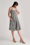 Shop_Indigo Dreams_Black Handwoven Jamdani (100% Cotton) Checkered Lavinia Dress  _Online_at_Aza_Fashions