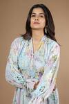 Shop_Vana Ethnics_Blue Viscose Sequins, Cut Work V-neck Vintage Botanical Print Gathered Dress _at_Aza_Fashions