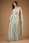 Shop_Vana Ethnics_Green Viscose Sequins, Embroidery V-neck Pre-draped Saree With Blouse _Online_at_Aza_Fashions