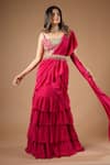 Shop_Vana Ethnics_Pink Viscose Printed Bandhani Pre-draped Ruffle Saree With Mirror Work Blouse _Online_at_Aza_Fashions