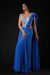 Buy_Vana Ethnics_Blue Viscose Sequins, Cut Work Pre-draped Saree With Hand Embroidered Bustier 