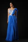 Shop_Vana Ethnics_Blue Viscose Sequins, Cut Work Pre-draped Saree With Hand Embroidered Bustier _at_Aza_Fashions