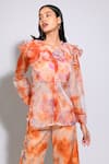 Shop_Itara_Orange Organza Tie Dye Top Ruffled Carnelian Pant Set _Online_at_Aza_Fashions