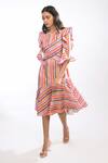 Itara_Multi Color Satin Silk Striped Round Midi Dress _Online_at_Aza_Fashions