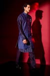 BUBBER COUTURE_Blue Flat Raw Silk Print Griffin Ivan Sherwani Jacket _Online_at_Aza_Fashions