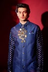 Buy_BUBBER COUTURE_Blue Flat Raw Silk Print Griffin Ivan Sherwani Jacket _Online_at_Aza_Fashions