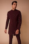 Tisa - Men_Wine Viscose Polyester Embroidered Cut Dana Work Bandhgala Set _Online_at_Aza_Fashions