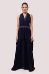 Shop_Onaya_Blue Georgette Sequins, Cut Work Halter Neck Monochromatic Drape Gown_Online_at_Aza_Fashions