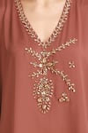 Label Ivish_Beige Modal, Satin Embroidery V-neck Jewel Embellished Kaftan Set _at_Aza_Fashions