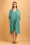 Label Ivish_Green Modal, Satin Embroidery V-neck Flared Kaftan With Contrasting Pant _Online_at_Aza_Fashions