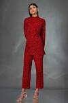 Buy_Stotram_Red Top- Net Embroidery Sequins High Neck Scallop And Pant Set_Online_at_Aza_Fashions