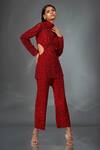 Stotram_Red Top- Net Embroidery Sequins High Neck Scallop And Pant Set_Online_at_Aza_Fashions