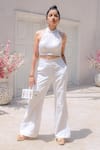 MONK & MEI BY SONIA ANAND_White Georgette Embroidered Chikankari Jacket  Spread Collar Inayat Pant Set _Online_at_Aza_Fashions