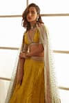 Shop_Studio Iris India_Yellow Banarasi Silk Embroidery Sequins Plunge V Zari Border Lehenga Set _Online_at_Aza_Fashions