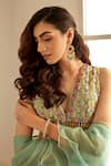 Studio Iris India_Green Organza Embroidery Stones Plunge V Gauhar Floral Lehenga Set _Online_at_Aza_Fashions