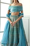 Studio Iris India_Blue Organza Embroidery Mirror One Shoulder Jheel Thread Lehenga Set For Women_at_Aza_Fashions