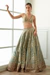 Buy_Studio Iris India_Blue Organza Work Plunge V Morni Floral Pattern Lehenga Set _Online_at_Aza_Fashions