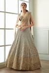 Studio Iris India_Grey Organza Embroidery Floral Geometric Sweetheart Heera Bridal Lehenga Set _Online_at_Aza_Fashions