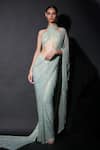 Itrh_Green Net Beads Halter Neck Lavish Lose Pre-draped Saree With Blouse _Online_at_Aza_Fashions