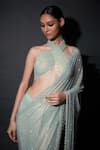Buy_Itrh_Green Net Beads Halter Neck Lavish Lose Pre-draped Saree With Blouse _Online_at_Aza_Fashions