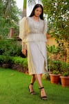OMANA BY RANJANA BOTHRA_Ivory Linen Satin Plain Jacket Lapel Collar Mia Peplum Skirt Set _Online_at_Aza_Fashions