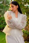 OMANA BY RANJANA BOTHRA_Ivory Linen Satin Plain Jacket Lapel Collar Mia Peplum Skirt Set _at_Aza_Fashions