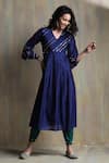 Buy_Charkhee_Blue Chanderi, Cotton Mirrors V-neck Work Kurta Joggers Set _Online_at_Aza_Fashions