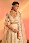 J by Jannat_Ivory Organza Embroidery Floral Plunge V Neck Bloom Lehenga Set _at_Aza_Fashions