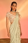 Buy_J by Jannat_Green Crepe Hand Embroidery Floral V Pre-draped Saree With Blouse  _Online_at_Aza_Fashions