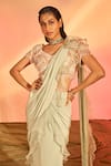 J by Jannat_Green Crepe Hand Embroidery Floral V Pre-draped Saree With Blouse  _at_Aza_Fashions