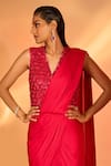 Shop_J by Jannat_Pink Satin Chiffon Hand Pre-draped Saree With Jacket Blouse  _Online_at_Aza_Fashions