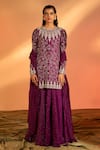 J by Jannat_Purple Silk Hand Embroidered Floral Round Kurta Sharara Set _Online_at_Aza_Fashions