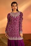 J by Jannat_Purple Silk Hand Embroidered Floral Round Kurta Sharara Set _at_Aza_Fashions