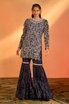 Shop_J by Jannat_Blue Silk Hand Embroidered Floral Round Kurta Sharara Set _Online_at_Aza_Fashions
