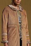 Ritu Kumar_Brown Suede Embroidered Long Fur Jacket_at_Aza_Fashions